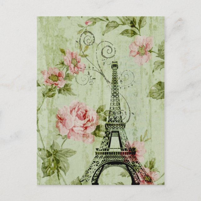 pretty spring mint pink floral paris eiffel tower postcard (Front)