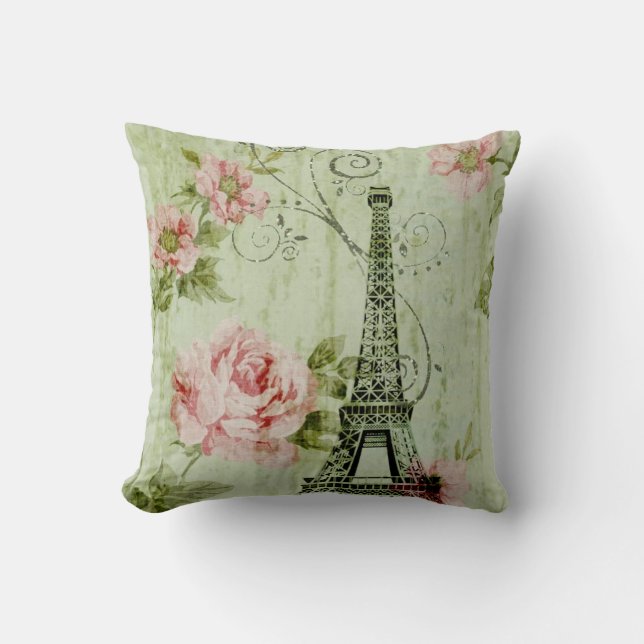 pretty spring mint pink floral paris eiffel tower throw pillow (Front)