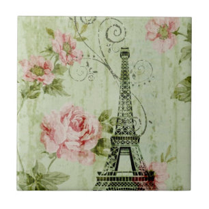 pretty spring mint pink floral paris eiffel tower tile