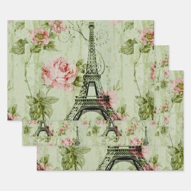 pretty spring mint pink floral paris eiffel tower wrapping paper sheet (Set)