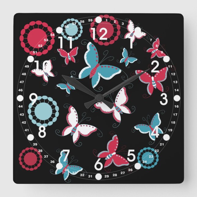 Pretty Spring Pink Blue Butterflies for Girls Square Wall Clock (Front)