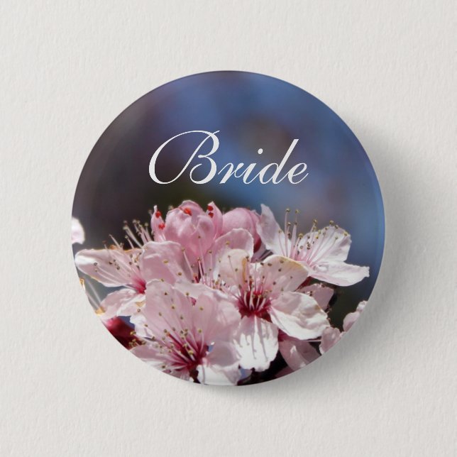 pretty spring pink cherry blossom in blue sky 2 inch round button (Front)
