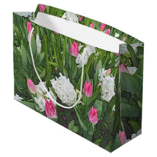 pretty spring pink tulip, white hyacinth flowers large gift bag