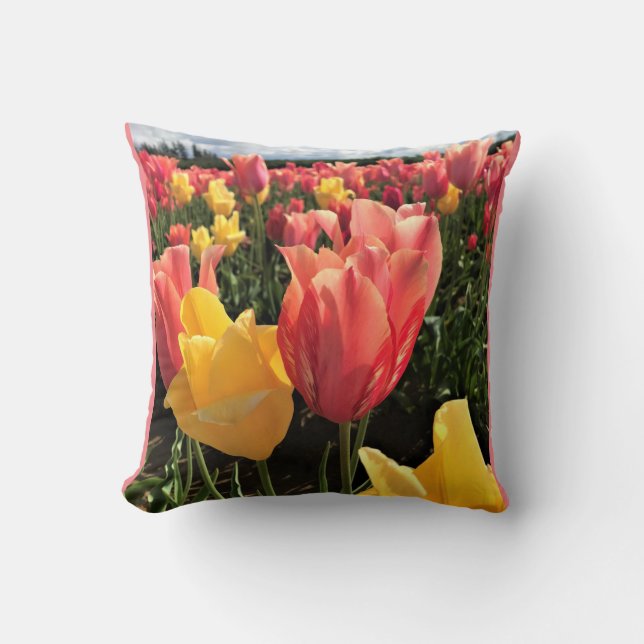 Pretty Spring Tulips in a Field, Oregon Throw Pillow (Front)