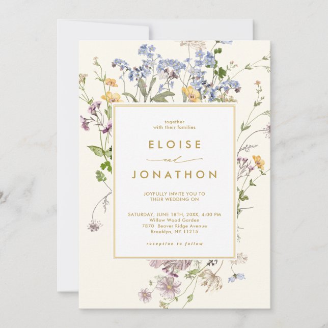 Pretty Spring Wildflower Meadow Gold Chic Wedding Invitation (Front)