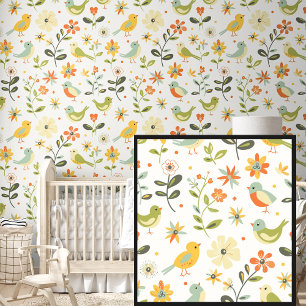 Pretty Springtime Flowers Birds Green Yellow Wallpaper