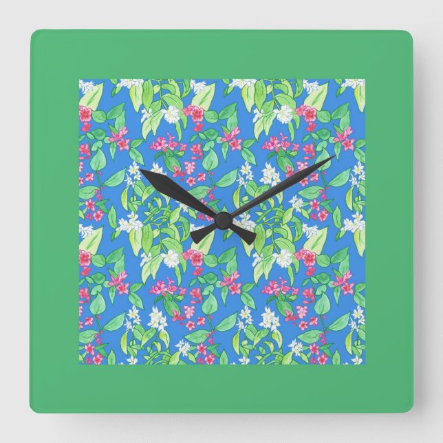 Pretty Square Wall Clock, Spring Blossoms, Green Clock (Front)