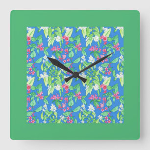 Pretty Square Wall Clock, Spring Blossoms, Green Clock