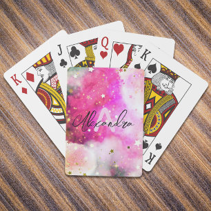 Pretty Stars Pink Clouds And Fancy Chic Script Playing Cards
