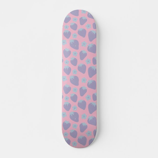 Pretty strawberries pattern in Lilac and Blue Skateboard (Front)