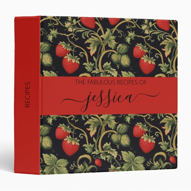 Pretty strawberries pattern script name Recipe Binder (Front/Spine)