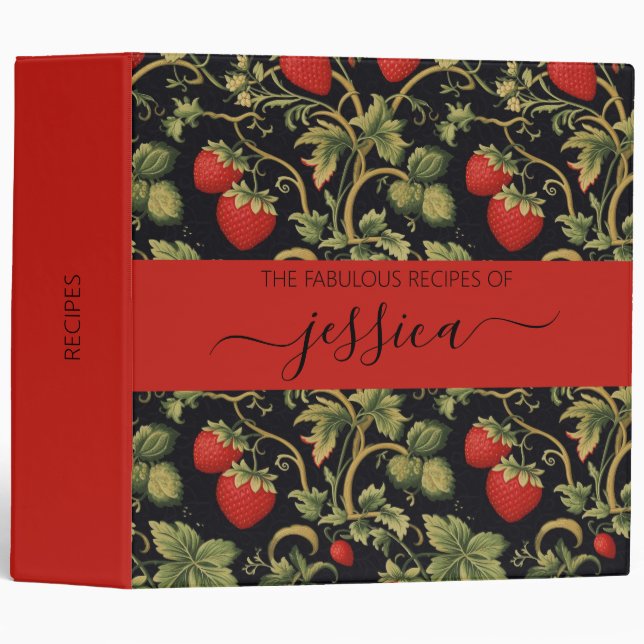 Pretty strawberries pattern script name Recipe Binder (Front/Spine)