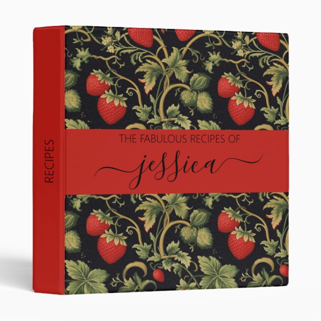Pretty strawberries pattern script name Recipe Binder (Front/Spine)