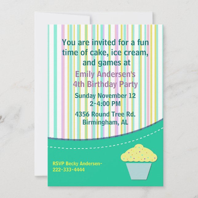 Pretty Stripes and Cupcake Birthday Invitation (Front)
