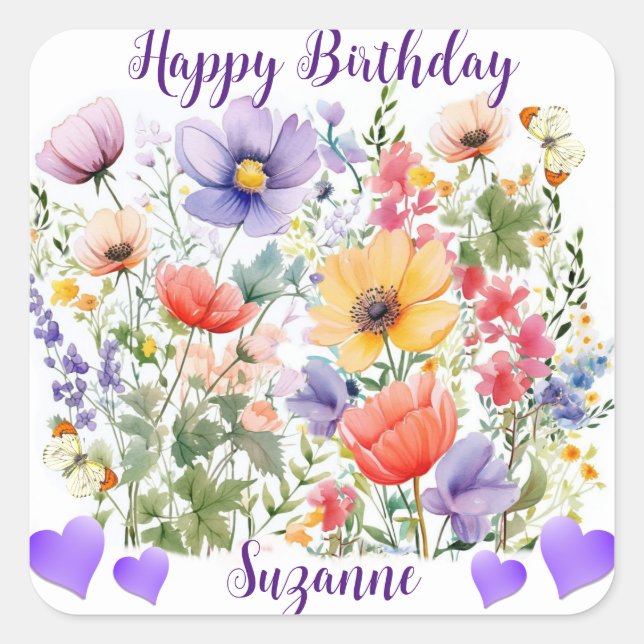 Pretty Summer Floral Design Birthday  Square Sticker (Front)