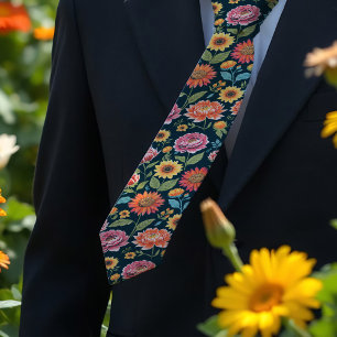 Pretty Summer flowers colourful floral on black. Tie