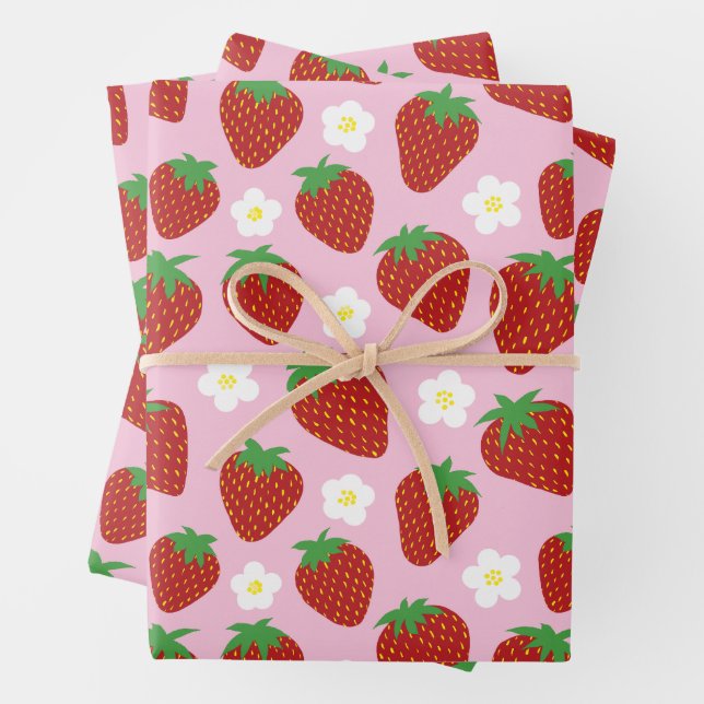 Pretty summer strawberry pattern wrapping paper sheet (In situ)