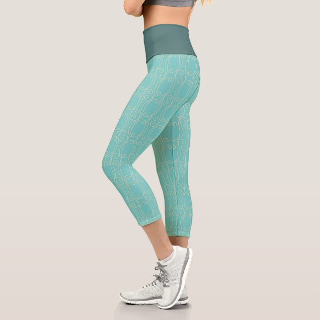 Pretty Summer Teal & Yellow Swirly Pattern Capri Leggings (Left)