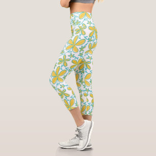 Pretty summer Yellow and Turquoise flower pattern Capri Leggings