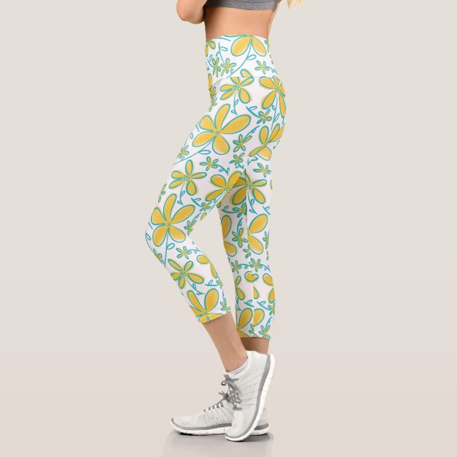 Pretty summer Yellow and Turquoise flower pattern Capri Leggings (Left)
