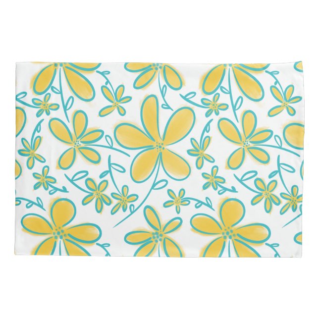 Pretty summer Yellow and Turquoise flower pattern Pillowcase (Back)