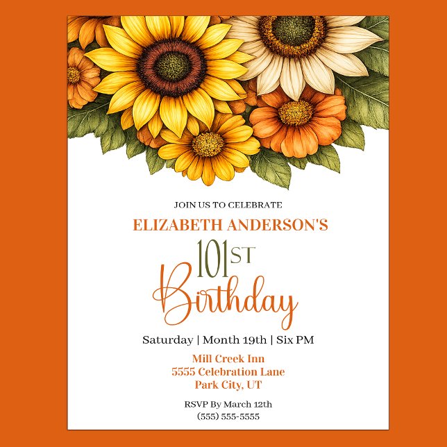 Pretty Sunflower 101st Birthday Invitation (Pretty Sunflower 101st Birthday Invitation For Women.)