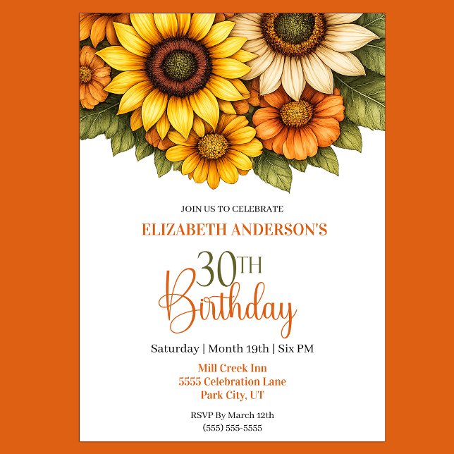 Pretty Sunflower 30th Birthday Invitation (Pretty Sunflower 30th Birthday Invitation For Her)