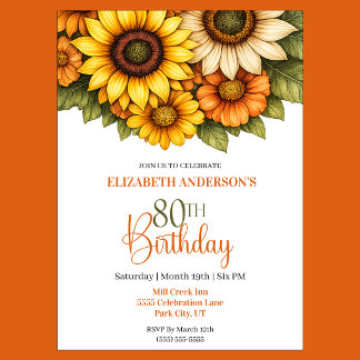 Pretty Sunflower 80th Birthday Invitation
