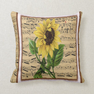 Pretty Sunflower On Vintage Sheet Music Throw Pillow