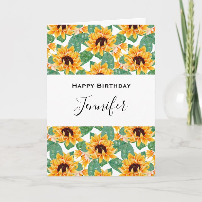 Pretty Sunflower Pattern Yellow & Green Birthday Card (Front)