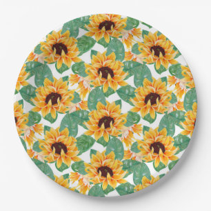 Pretty Sunflower Yellow & Green Pattern Paper Plate