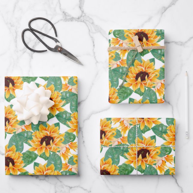 Pretty Sunflower Yellow & Green Pattern Wrapping Paper Sheet (Front)