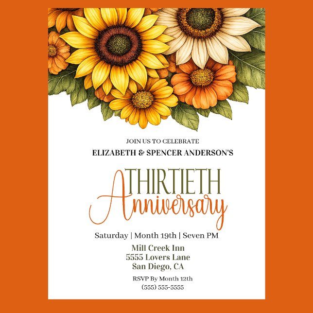 Pretty Sunflowers 30th Anniversary  Invitation (Pretty Sunflowers 30th Wedding Anniversary Party Invitation.)