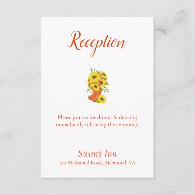 Pretty Sunflowers in rain boot Wedding Reception Enclosure Card (Front)