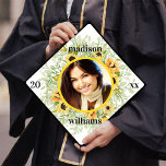 Pretty Sunflowers Photo with Name and Class Year Graduation Cap Topper<br><div class="desc">This graduation cap topper design features your graduate's photo surrounded by a pretty watercolor sunflower illustration with simply typography. This topper has your graduate's name and class of (year). These graduation cap toppers make a wonderful keepsake and are a great way to personalize your cap without doing anything permanent to...</div>