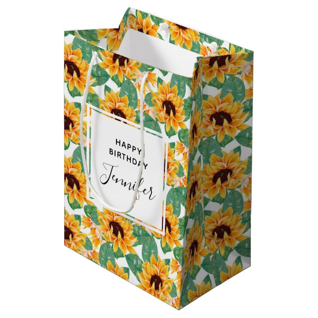 Pretty Sunflowers Yellow & Green Pattern Birthday Medium Gift Bag (Front Angled)