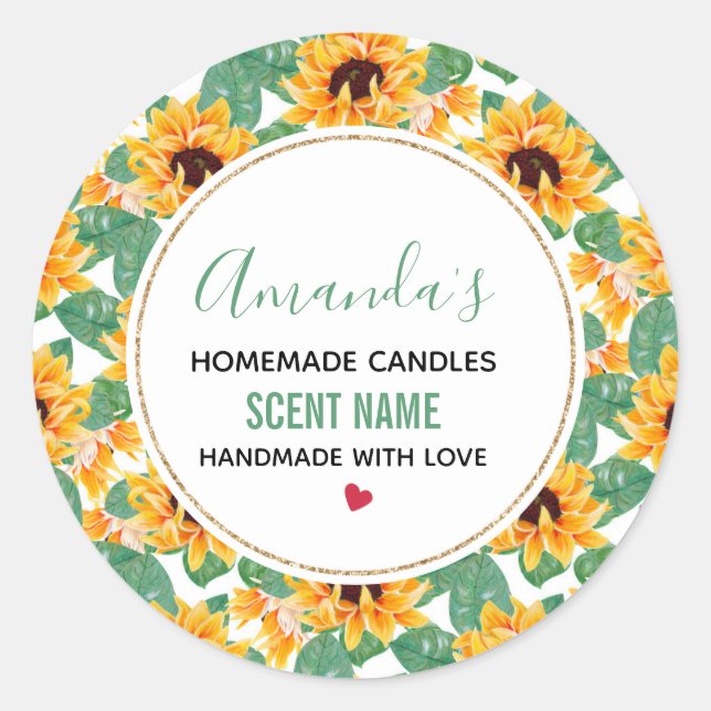 Pretty Sunflowers Yellow & Green Pattern Candle Classic Round Sticker (Front)
