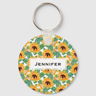 Pretty Sunflowers Yellow & Green Pattern Keychain