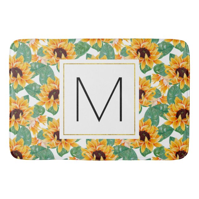Pretty Sunflowers Yellow & Green Pattern Monogram Bath Mat (Front)