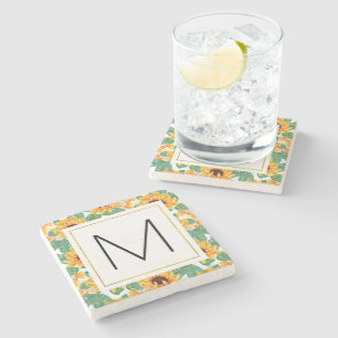 Pretty Sunflowers Yellow & Green Pattern Monogram Stone Coaster