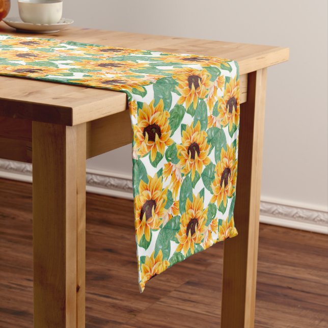 Pretty Sunflowers Yellow & Green Pattern Short Table Runner (In Situ)