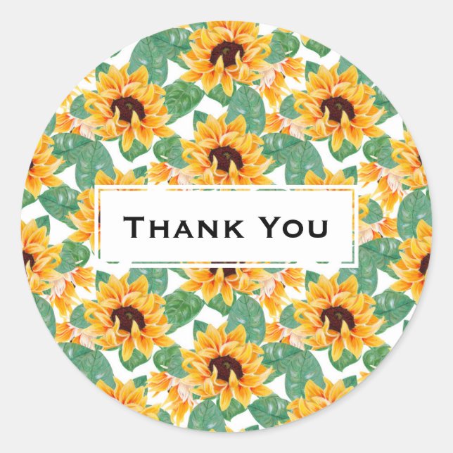 Pretty Sunflowers Yellow & Green Pattern Thank You Classic Round Sticker (Front)