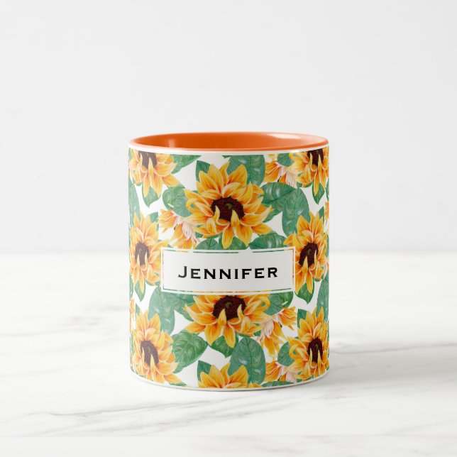 Pretty Sunflowers Yellow & Green Pattern Two-Tone Coffee Mug (Center)