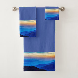 Pretty Sunset Border on Medium Blue Background Bath Towel Set