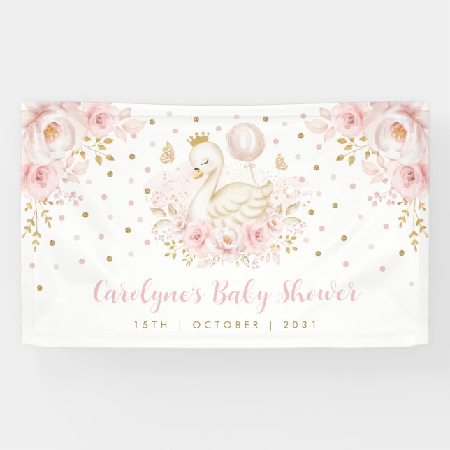 Pretty Swan Princess Pink Gold Baby Shower Welcome Banner (Horizontal)
