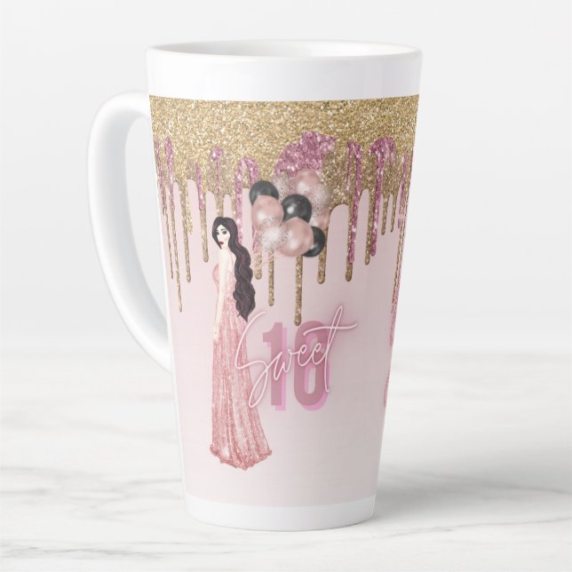 Pretty Sweet16 ROSEGOLD DRIPPING GLITTER BRUNETTE  Latte Mug (Left Angle)