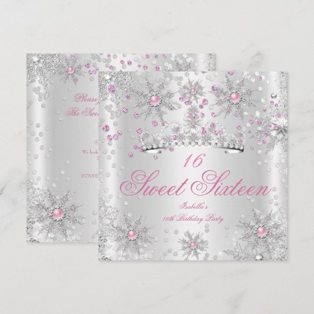 Pretty Sweet 16 Pink White Winter Wonderland Invitation (Front/Back)