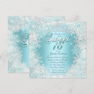 Pretty Sweet 16 Teal blue Silver Winter Wonderland Invitation