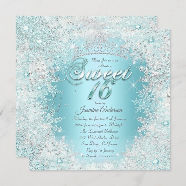 Pretty Sweet 16 Teal blue Silver Winter Wonderland Invitation (Front/Back)