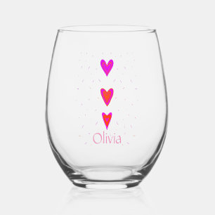 Pretty Sweet Modern 3 Hearts Illustration Stemless Wine Glass